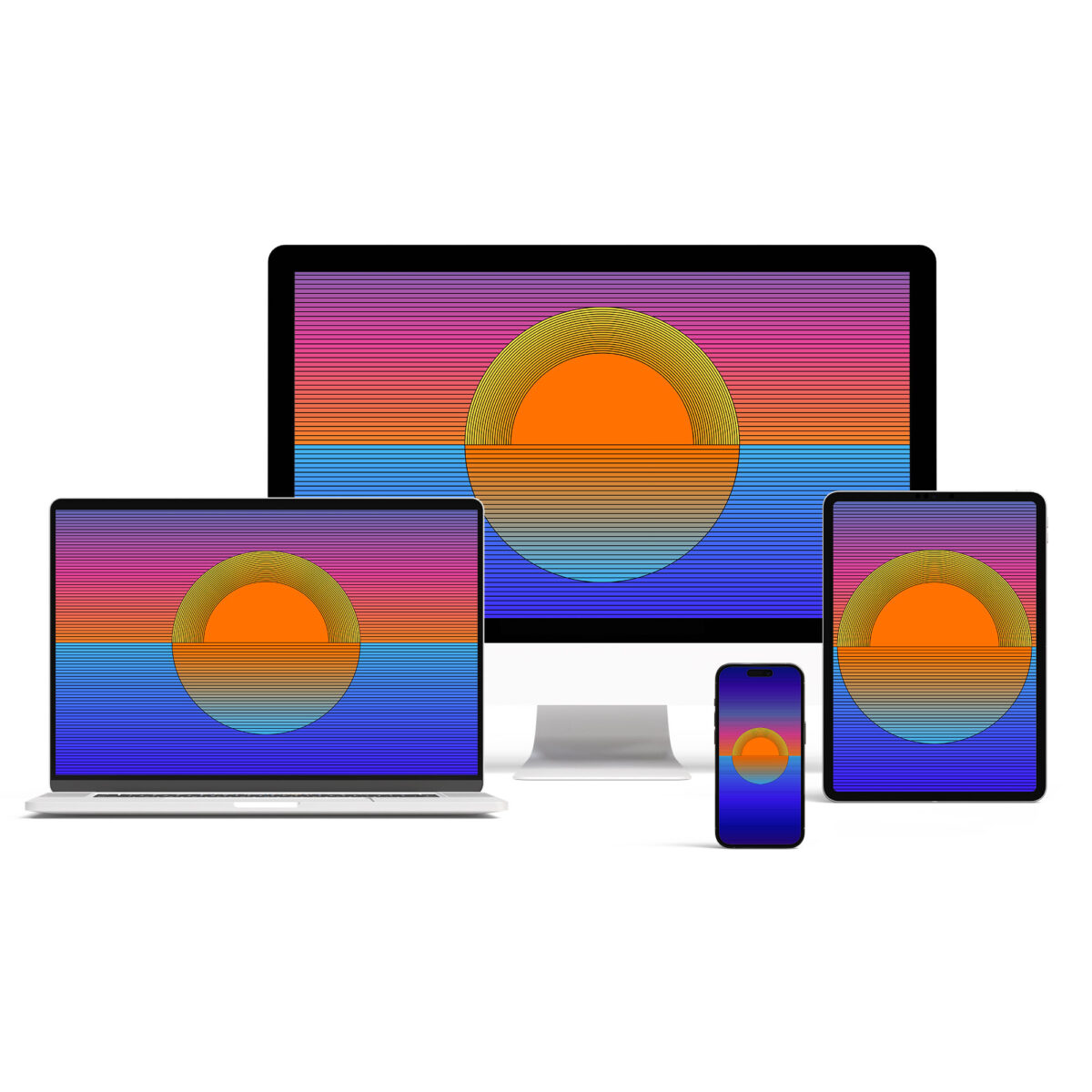 Desktop, laptop, tablet, and mobile phone with Sunset digital wallpaper backgrounds.
