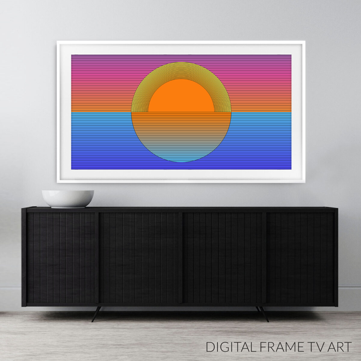 Sunset digital wallpaper design on a large screen television.