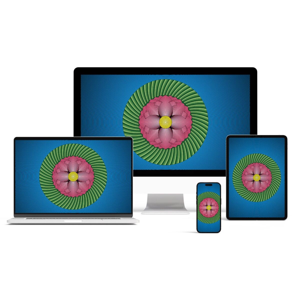 Desktop, laptop, tablet, and mobile phone with Lotus Flower digital wallpaper backgrounds.