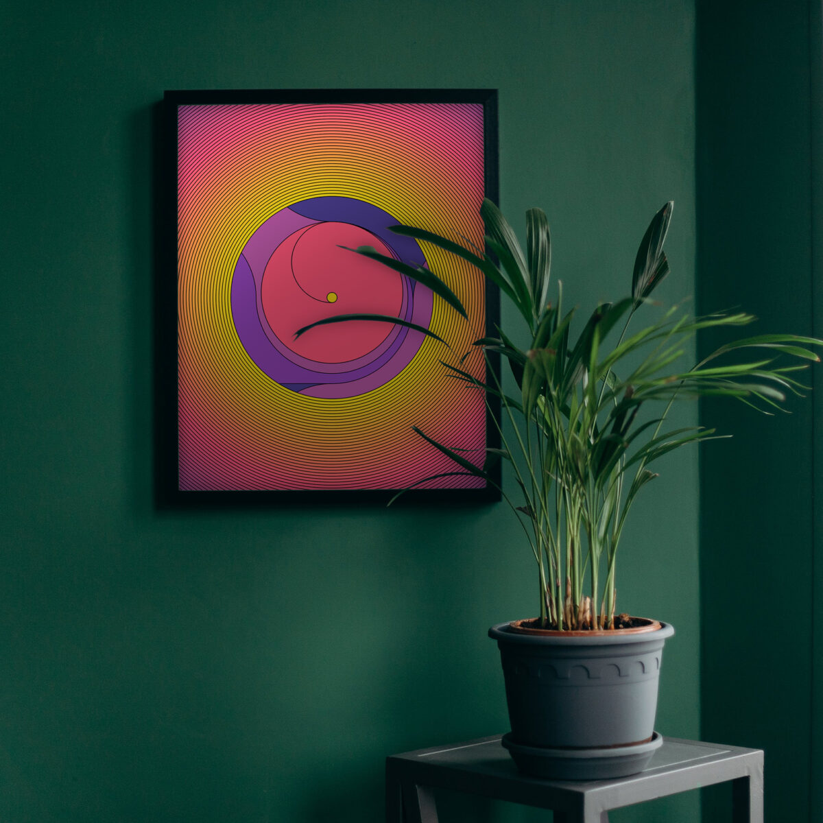 Black framed Omphalos art print hanging on a wall