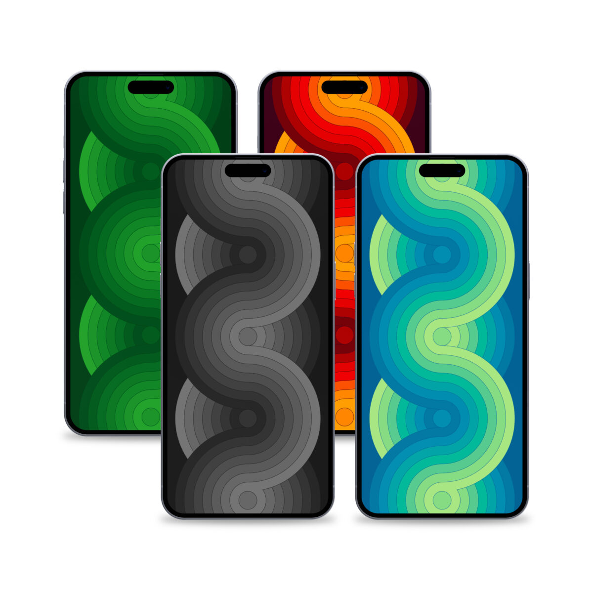 Four phones with Curls digital wallpaper in different colors