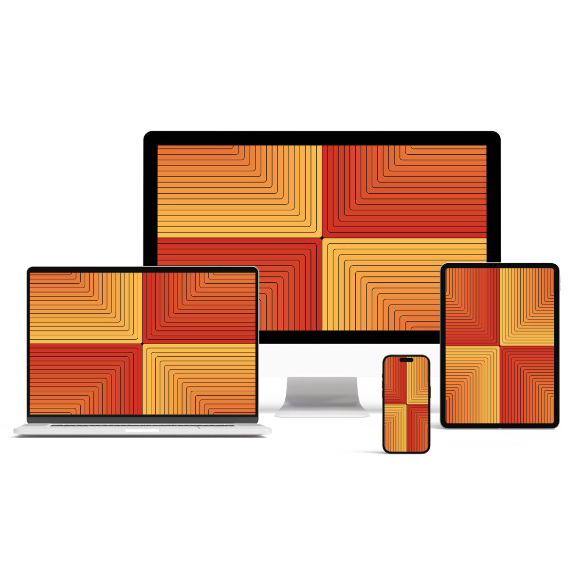 Desktop, laptop, tablet, and mobile phone with Scorcher digital wallpaper backgrounds.