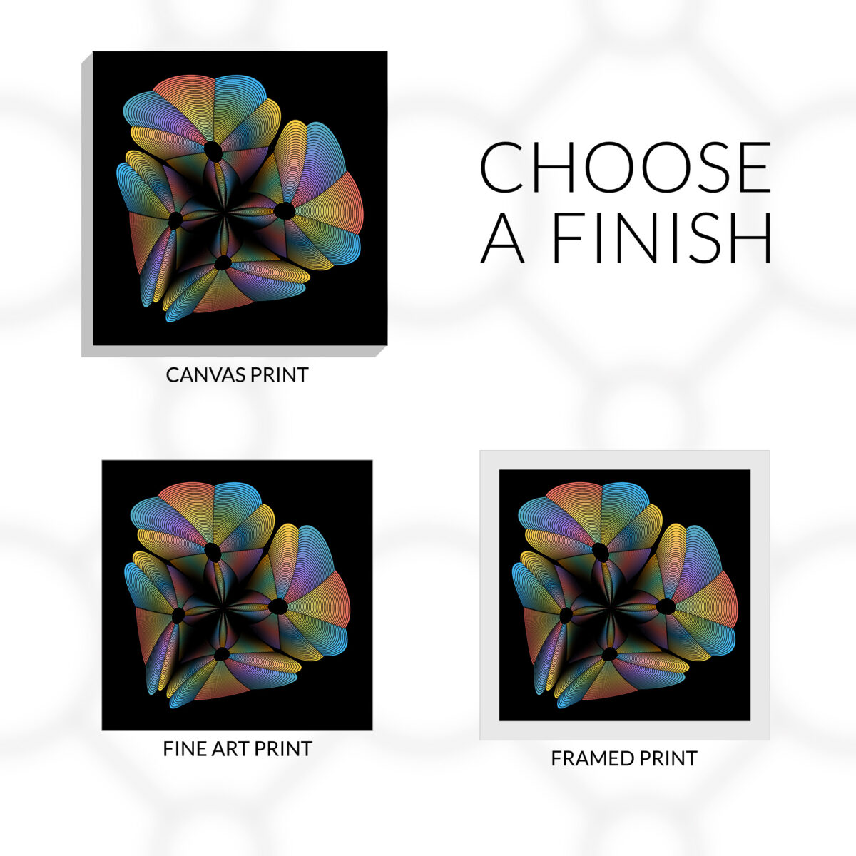 Big Bang design choose a finish. Canvas print, fine art print, or framed fine art print.