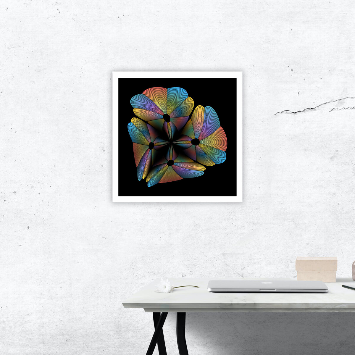 White framed Big Bang art print hanging on a wall