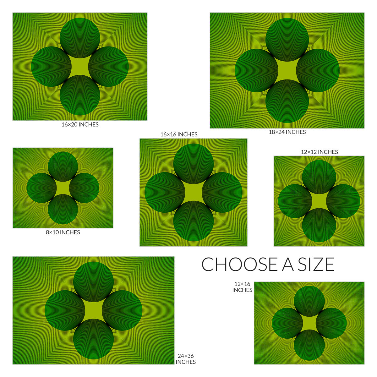 Clover design, choose a size. Available sizes are 8 inch by 10 inch, 12 inch square, 12 inch by 16 inch, 16 inch square, 16 inch by 20 inch, 18 inch by 24 inch, and 24 inch by 36 inch.