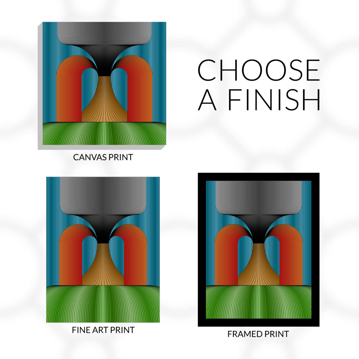 Volcanic design choose a finish. Canvas print, fine art print, or framed fine art print.