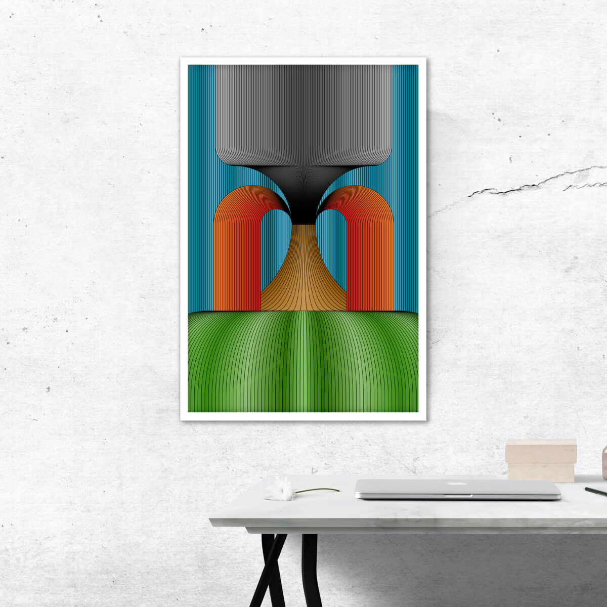 White framed Volcanic art print hanging on a wall