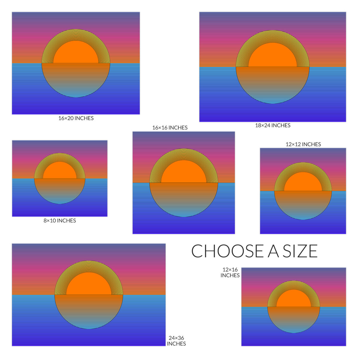 Sunset design, choose a size. Available sizes are 8 inch by 10 inch, 12 inch square, 12 inch by 16 inch, 16 inch square, 16 inch by 20 inch, 18 inch by 24 inch, and 24 inch by 36 inch.