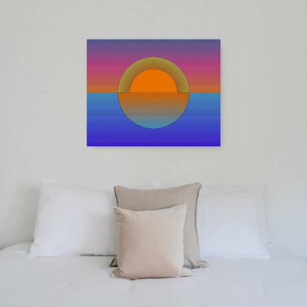 Photo of a Sunset canvas print hanging on a wall above a bed.