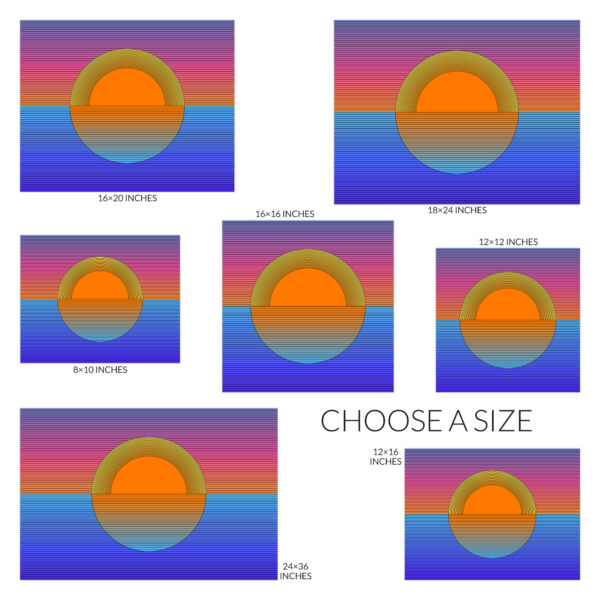 Choose a size for the Sunset art print. Available sizes include 10 inches wide by 8 inches tall, 12 inches square, 16 inches wide by 12 inches tall, 16 inches square, 20 inches wide by 16 inches tall, 24 inches wide by 18 inches tall, and 36 inches wide by 24 inches tall.