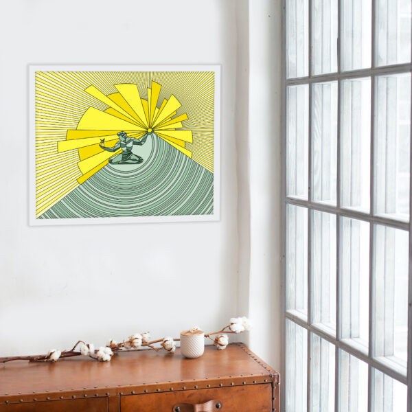 Photo of a Spirit of Detroit framed art print hanging on a wall over a side table.