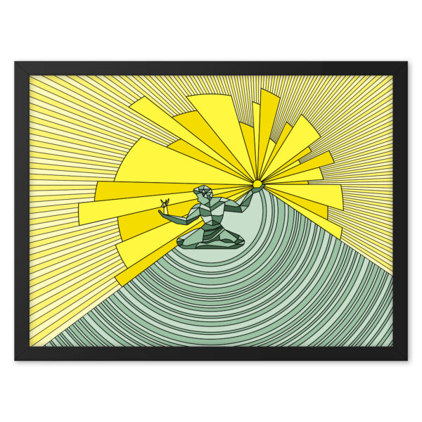 24 Inch wide by 18 inch tall Spirit of Detroit art print in a black wood frame.