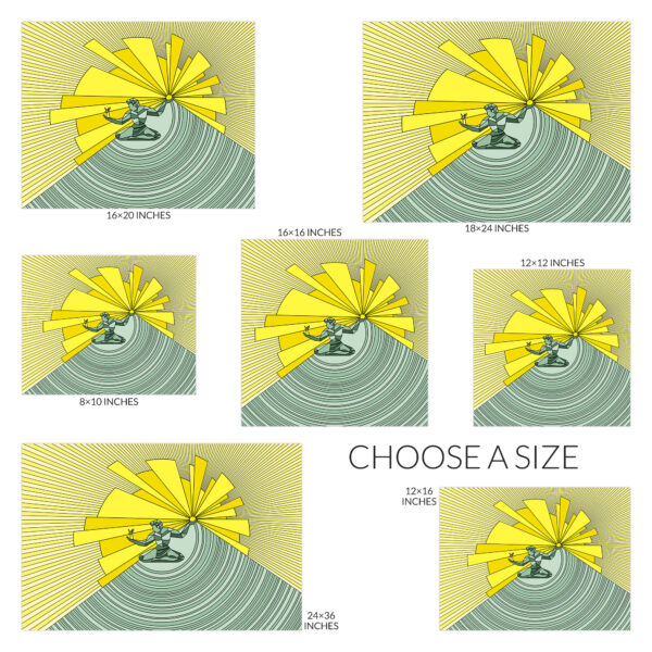 Choose a size for the Spirit of Detroit art print. Available sizes include 10 inches wide by 8 inches tall, 12 inches square, 16 inches wide by 12 inches tall, 16 inches square, 20 inches wide by 16 inches tall, 24 inches wide by 18 inches tall, and 36 inches wide by 24 inches tall.