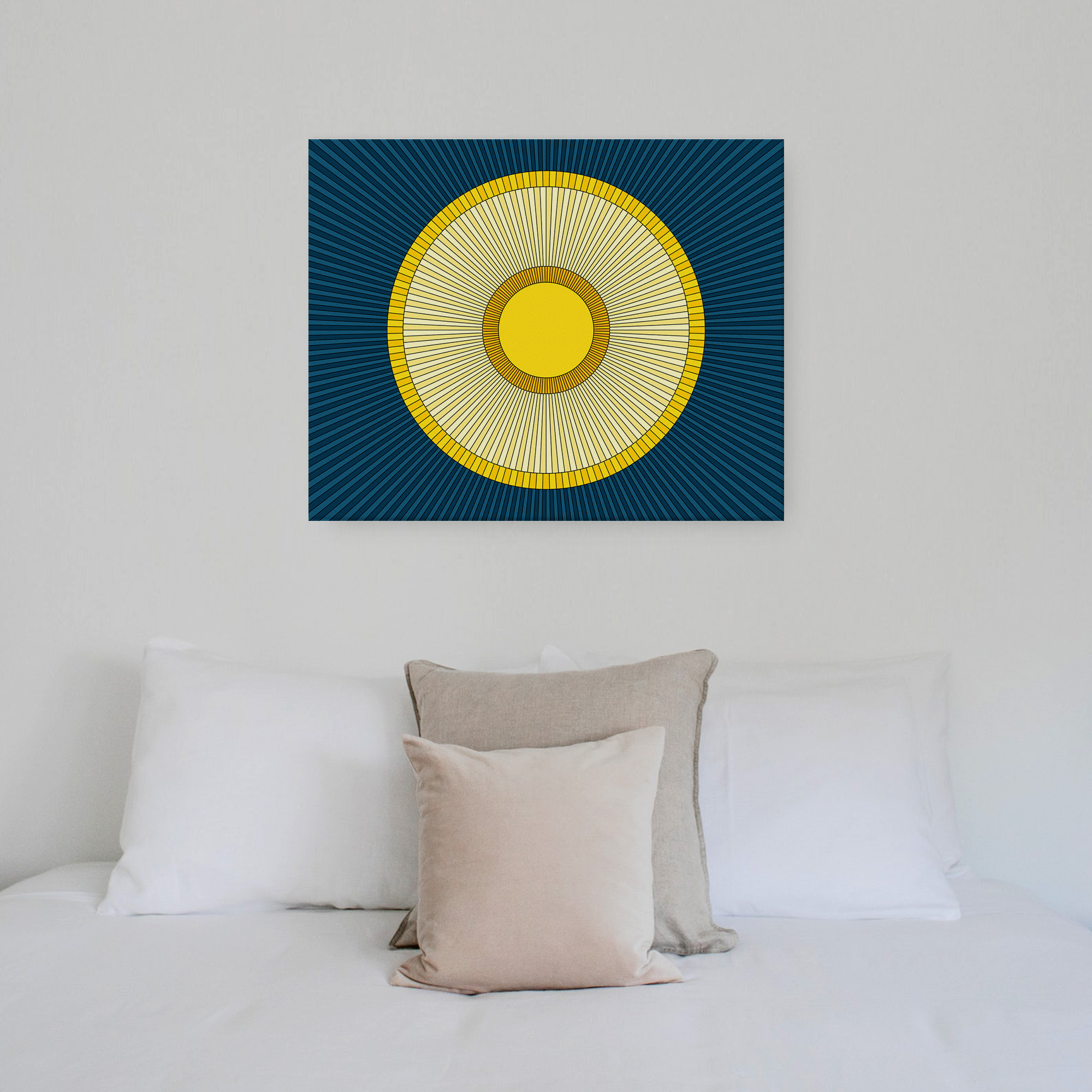 Photo of a Solstice canvas print hanging on a wall above a bed.
