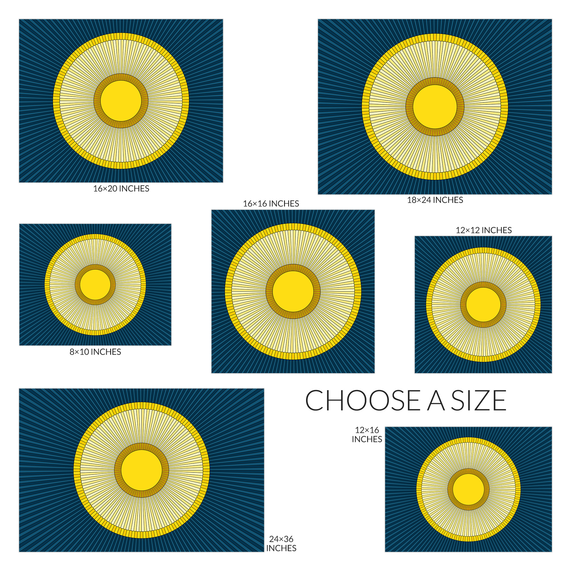 Choose a size for the Solstice art print. Available sizes include 10 inches wide by 8 inches tall, 12 inches square, 16 inches wide by 12 inches tall, 16 inches square, 20 inches wide by 16 inches tall, 24 inches wide by 18 inches tall, and 36 inches wide by 24 inches tall.