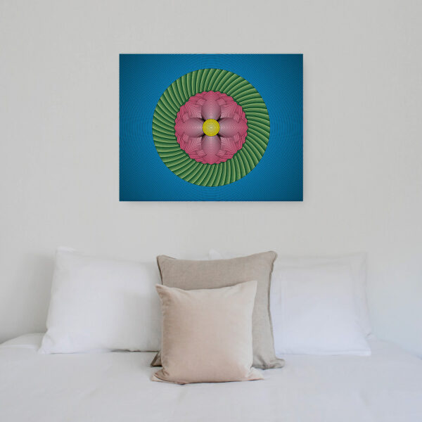 Photo of a Lotus Flower canvas print hanging on a wall above a bed.