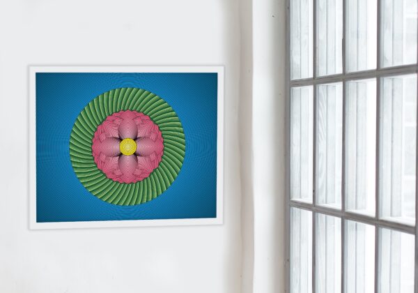 Photo of a Lotus Flower framed art print hanging on a wall next to a window.