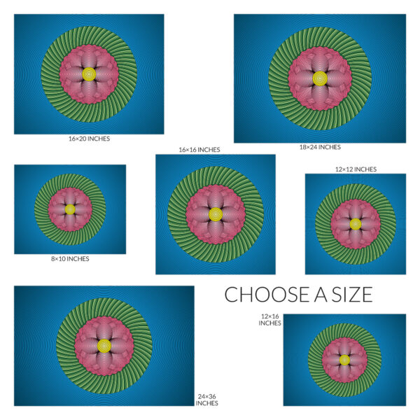 Choose a size for the Lotus Flower art print. Available sizes include 10 inches wide by 8 inches tall, 12 inches square, 16 inches wide by 12 inches tall, 16 inches square, 20 inches wide by 16 inches tall, 24 inches wide by 18 inches tall, and 36 inches wide by 24 inches tall.