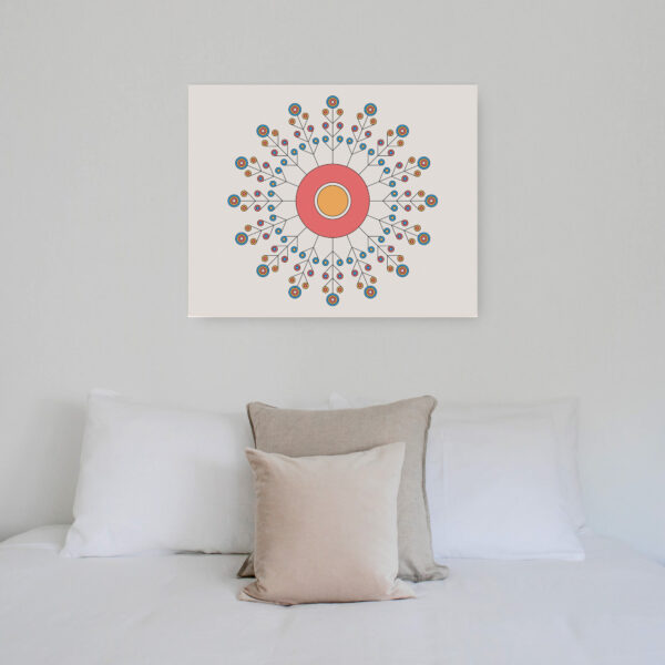 Photo of a Tribes canvas print hanging on a wall above a bed.
