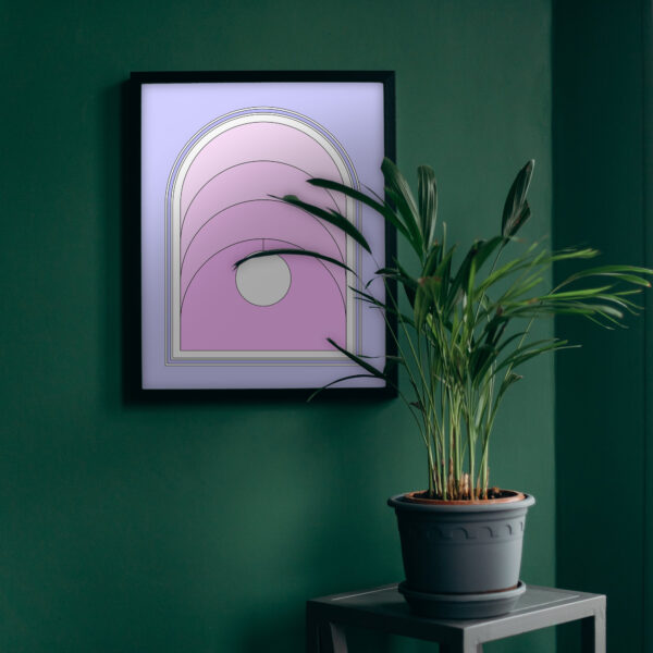 Photo of a Portal framed art print hanging on a wall next to a plant.