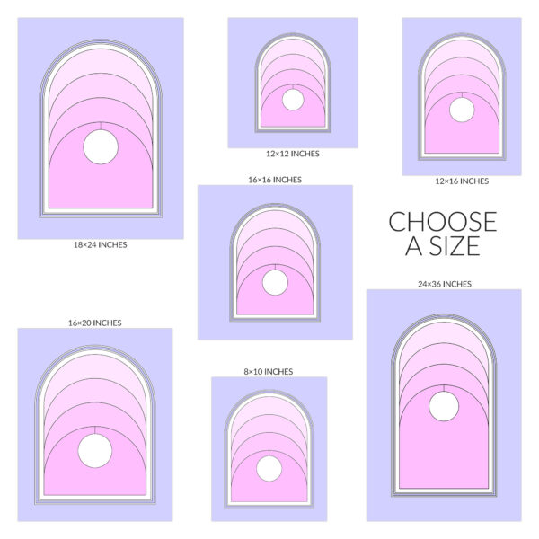 Choose a size for the Portal art print. Available sizes include 8 inches wide by 10 inches tall, 12 inches square, 12 inches wide by 16 inches tall, 16 inches square, 16 inches wide by 20 inches tall, 18 inches wide by 24 inches tall, and 24 inches wide by 36 inches tall.