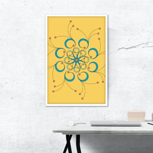 Photo of a Curls framed art print hanging on a wall over a desk.