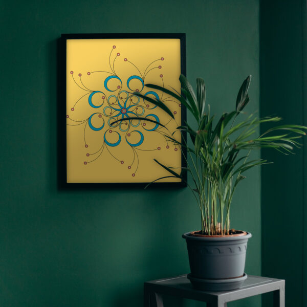 Photo of a Curls framed art print hanging on a wall next to a plant.