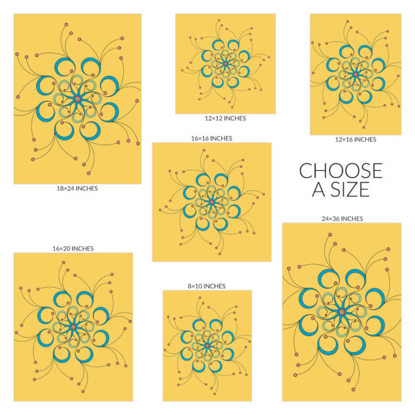 Choose a size for the Curls art print. Available sizes include 8 inches wide by 10 inches tall, 12 inches square, 12 inches wide by 16 inches tall, 16 inches square, 16 inches wide by 20 inches tall, 18 inches wide by 24 inches tall, and 24 inches wide by 36 inches tall.