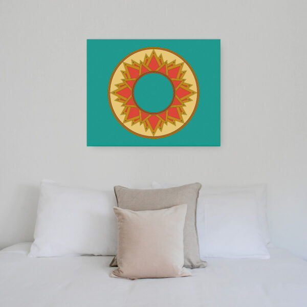 Photo of a Solarium canvas print hanging on a wall above a bed.