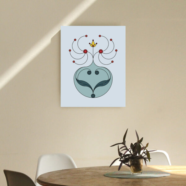 Photo of a Trillium canvas art print hanging on a wall in a dining room.