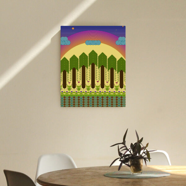 Photo of a Dawn canvas art print hanging on a wall in a dining room.