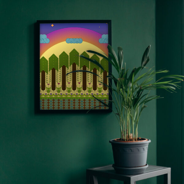 Photo of a Dawn framed art print hanging on a wall next to a plant.
