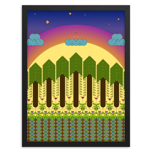 18 Inch wide by 24 inch tall Dawn art print in a black wood frame.