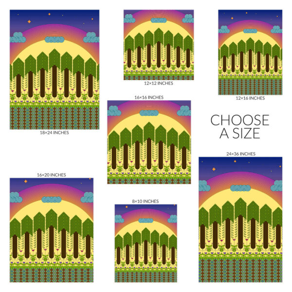 Choose a size for the Dawn art print. Available sizes include 8 inches wide by 10 inches tall, 12 inches square, 12 inches wide by 16 inches tall, 16 inches square, 16 inches wide by 20 inches tall, 18 inches wide by 24 inches tall, and 24 inches wide by 36 inches tall.