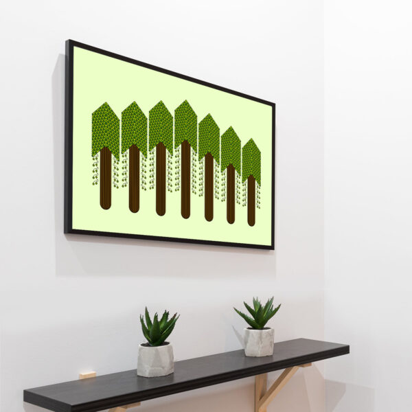 Photo of a Forest framed art print hanging on a wall above a table.