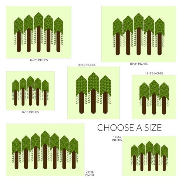 Choose a size for the Forest art print. Available sizes include 10 inches wide by 8 inches tall, 12 inches square, 16 inches wide by 12 inches tall, 16 inches square, 20 inches wide by 16 inches tall, 24 inches wide by 18 inches tall, and 36 inches wide by 24 inches tall.