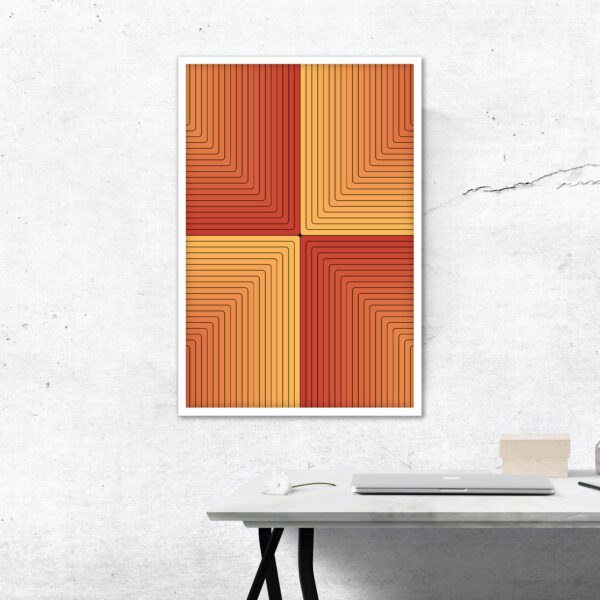 Photo of a Scorcher framed art print hanging on a wall over a desk.