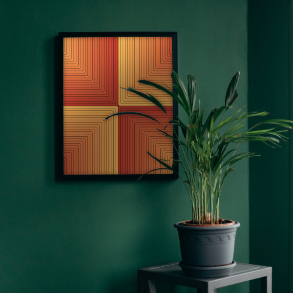 Photo of a Scorcher framed art print hanging on a wall next to a plant.