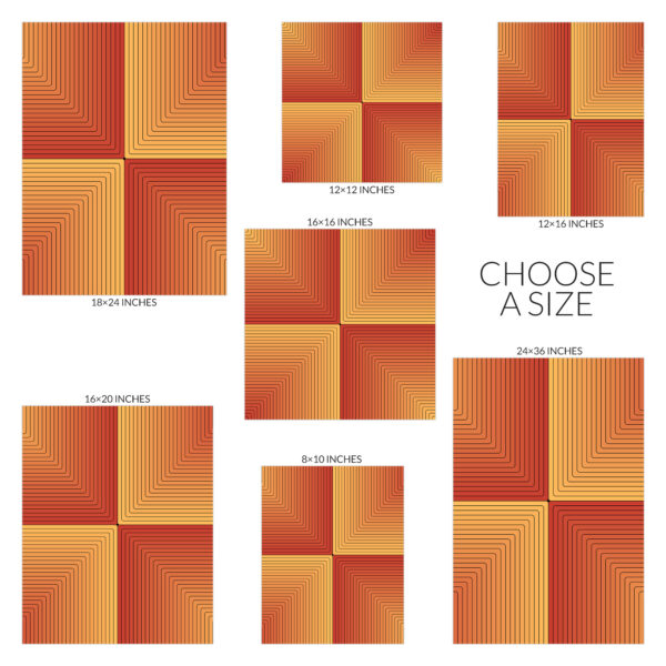 Choose a size for the Scorcher art print. Available sizes include 8 inches wide by 10 inches tall, 12 inches square, 12 inches wide by 16 inches tall, 16 inches square, 16 inches wide by 20 inches tall, 18 inches wide by 24 inches tall, and 24 inches wide by 36 inches tall.