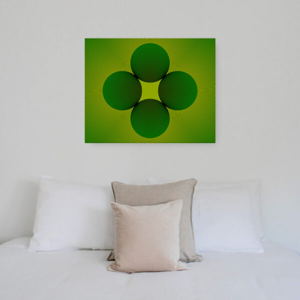 Photo of a Curls canvas print hanging on a wall above a bed.