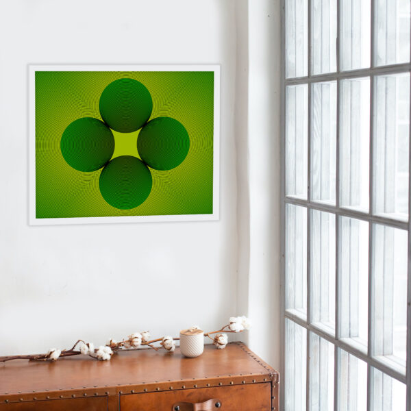 Photo of a Clover framed art print hanging on a wall over a side table.