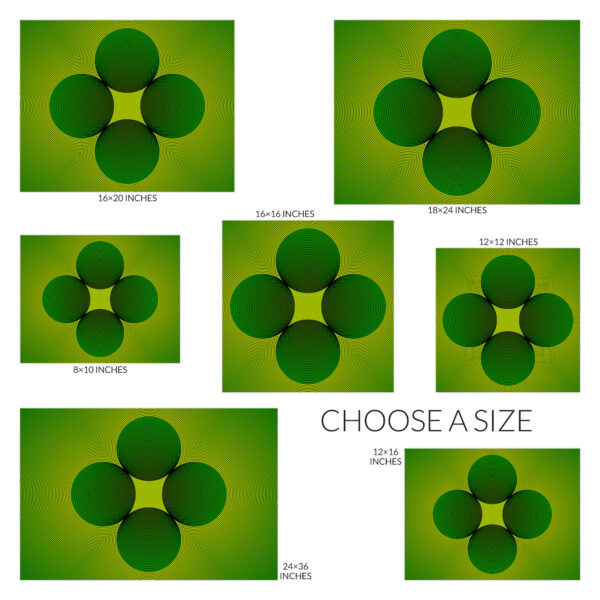 Choose a size for the Clover art print. Available sizes include 10 inches wide by 8 inches tall, 12 inches square, 16 inches wide by 12 inches tall, 16 inches square, 20 inches wide by 16 inches tall, 24 inches wide by 18 inches tall, and 36 inches wide by 24 inches tall.