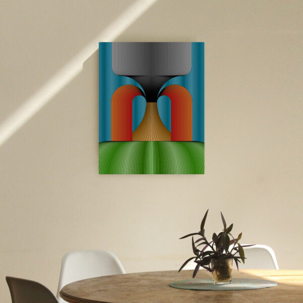 Photo of a Volcanic canvas art print hanging on a wall in a dining room.
