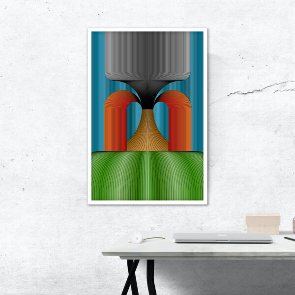Photo of a Volcanic framed art print hanging on a wall over a desk.