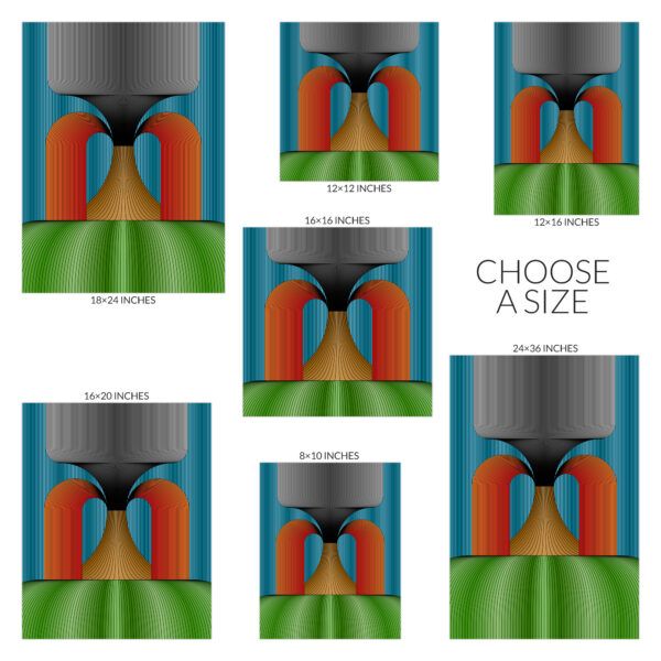 Choose a size for the Volcanic art print. Available sizes include 8 inches wide by 10 inches tall, 12 inches square, 12 inches wide by 16 inches tall, 16 inches square, 16 inches wide by 20 inches tall, 18 inches wide by 24 inches tall, and 24 inches wide by 36 inches tall.